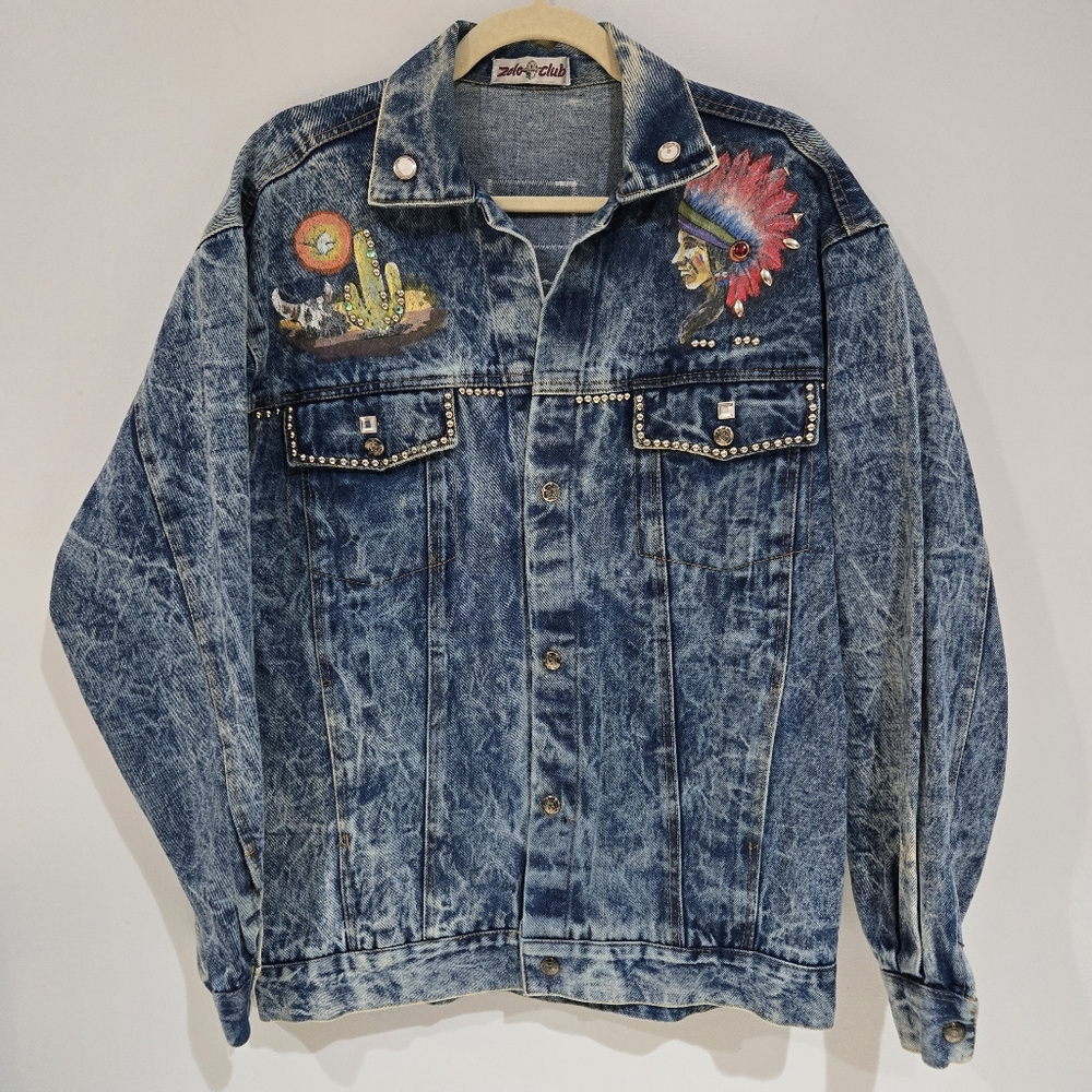 Vintage Zolo Club Acid Washed Studded Native American Denim Jacket Mens Large
